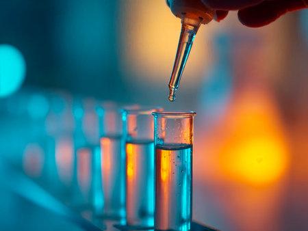 Dropper adding liquid to laboratory test tubes with orange solutionの素材
