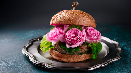 Creative Burger with Pink Roses and Green Leaves on Silver Trayの素材