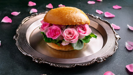 Creative Burger with Pink Roses and Green Leaves on Silver Trayの素材