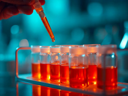 Laboratory glassware filled with red liquid for research and development.の素材