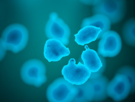 illustration of blue blood cells in high detail on a blue backgroundの素材