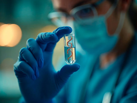 Scientist holding test tube with DNA on blurred background. Research conceptの素材