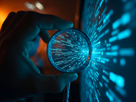hand with magnifying glass and binary code on computer screen. cyber security conceptの素材