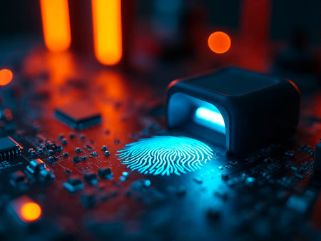 Fingerprint Scanning Identification System on Computer Mainboard Electronic Circuit Background.の素材