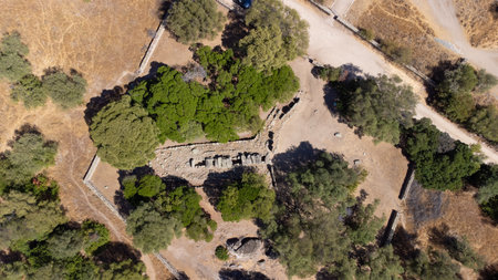 Prehistoric Giants' Tomb ruins surrounded by trees and dry landscape near Olbiaの写真素材