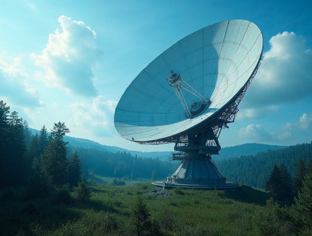 The silhouette of a radio telescope against the background of the mountains.の素材