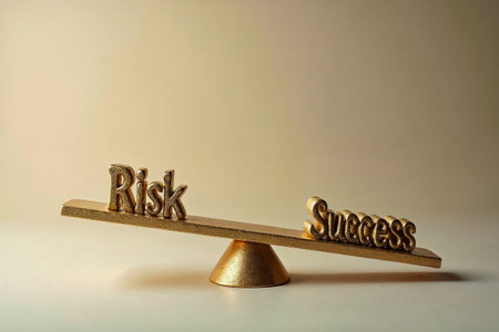 The word risk and success is shown on a metal balance scale.の素材