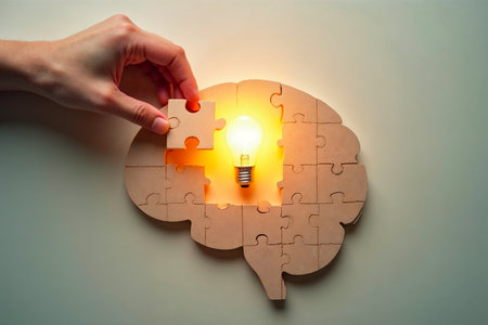 Hand of businesswoman assembling jigsaw puzzle with glowing lightbulbの素材