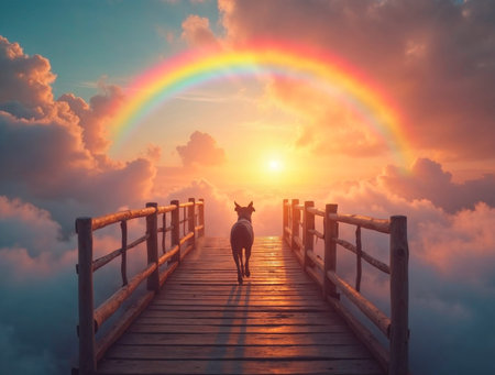Silhouette of a dog standing on the wooden bridge at sunriseの素材