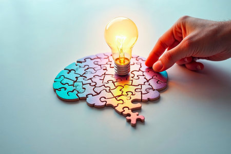 Hand holding light bulb on jigsaw puzzle pieces. Business idea conceptの素材