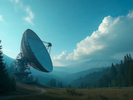 The silhouette of a radio telescope against the backdrop of mountains and cloudsの素材