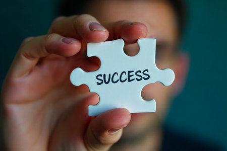 Business concept image of a man holding a puzzle piece with the word successの素材