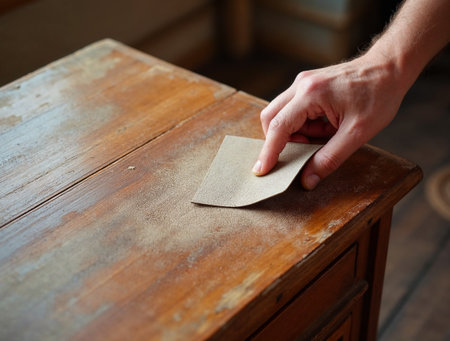 Hands of a man cleaning an old wooden table with a ragの素材