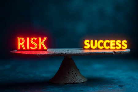 Conceptual hand writing showing Risk Success. Concept meaning Ability to do something very well in order to achieve success Scales balance one above the otherの素材