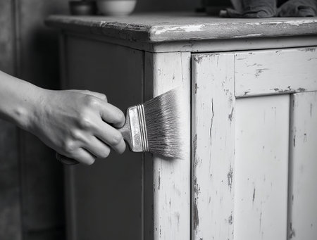 woman paints the old wooden chest of drawers in black and whiteの素材