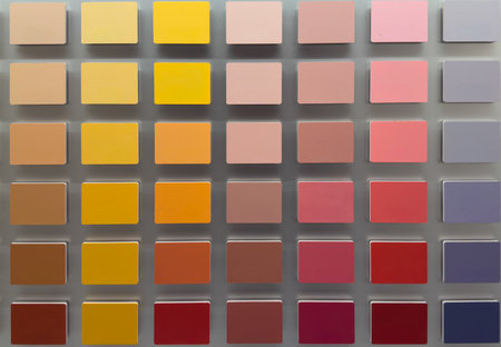 Color palette with pink red and yellow paint samples arranged in gridの写真素材