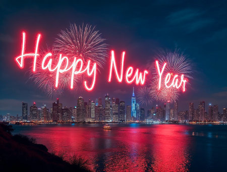 Happy New Year fireworks over illuminated modern city skylineの素材