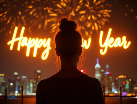 Happy New Year fireworks over illuminated modern city skylineの素材