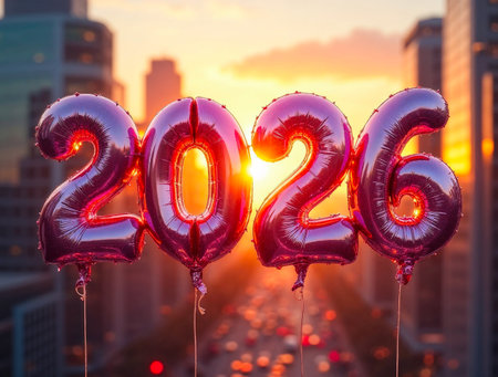 Happy new year 2016 balloon with cityscape background, Happy new year 2016 conceptの素材