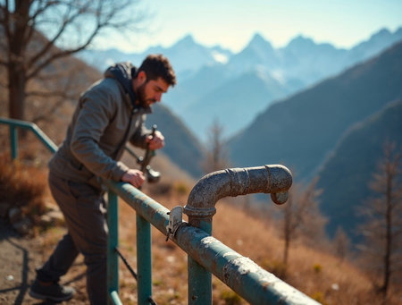 Hiker with a metal pipe on the background of the mountains.の素材