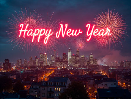 Happy New Year fireworks over illuminated modern city skylineの素材