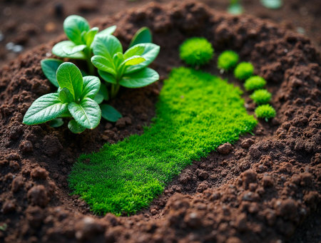 Green ecological footprint made of moss on fertile soilの素材