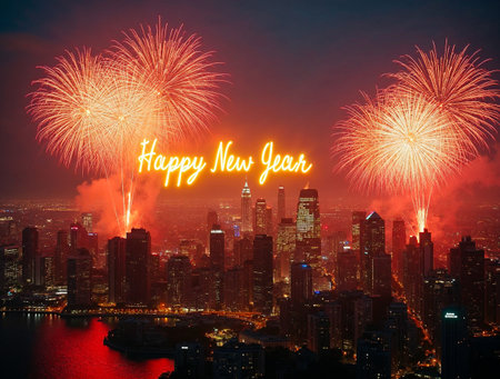 Happy new year 2016 with fireworks over hong kong cityscapeの素材