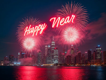 Happy New Year fireworks over illuminated modern city skylineの素材