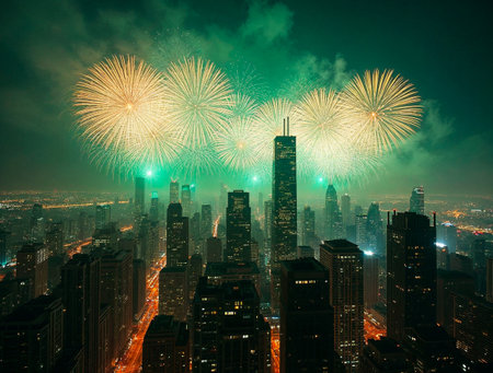 Happy New Year fireworks over illuminated modern city skylineの素材
