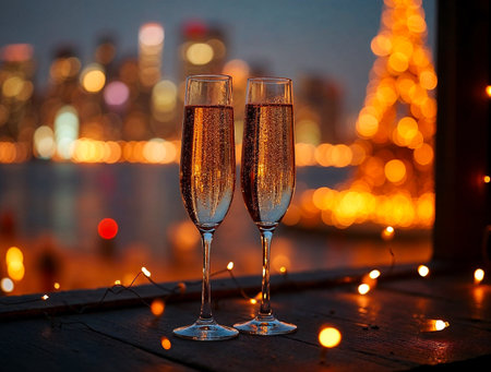 Two glasses of champagne on the background of the night city lights.の素材