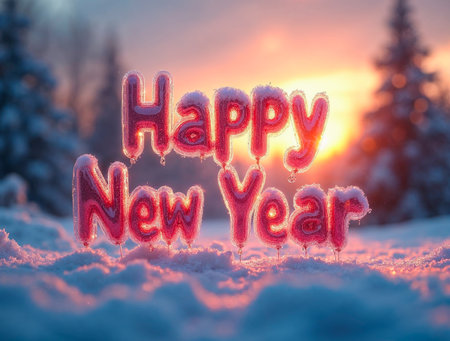 Happy New Year greeting card. Glowing inscription in the winter forest.の素材