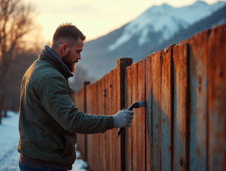 Man repairing wooden fence with mountain landscape in backgroundの素材