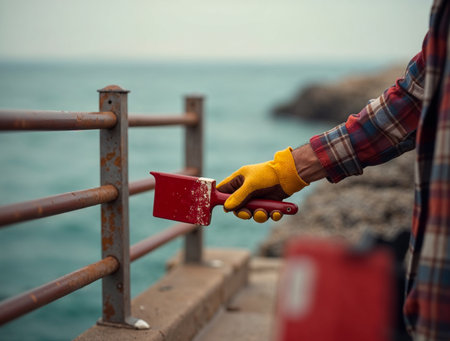 Worker sanding red metal railing by the sea on a cloudy dayの素材