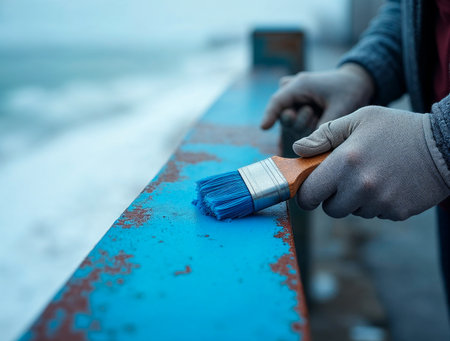 Painting rusty metal railing with blue paint by the seaの素材