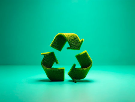 Green 3D recycling symbol on turquoise backgroundの素材