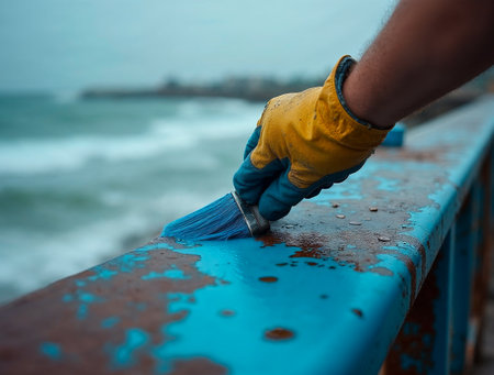 Painting rusty metal railing with blue paint by the seaの素材