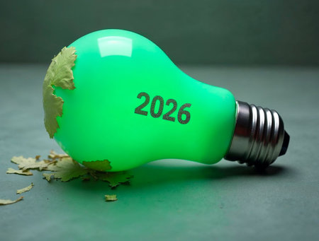 Green light bulb labeled 2026 symbolizing eco ideas, sustainability and future innovationの素材