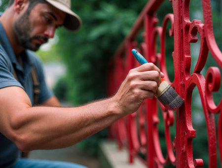 Man painting red metal railing during outdoor restorationの素材