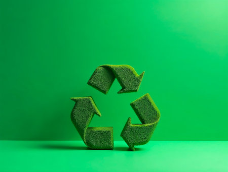 Green 3D recycling symbol on turquoise backgroundの素材