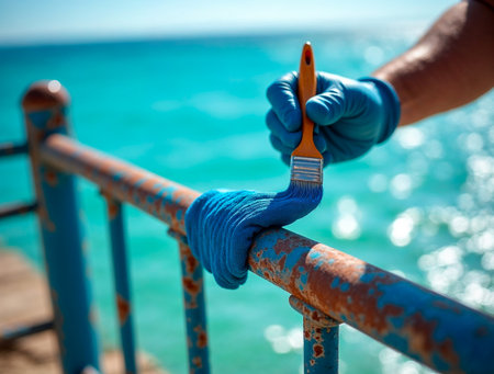 Painting rusty metal railing with blue paint by the seaの素材