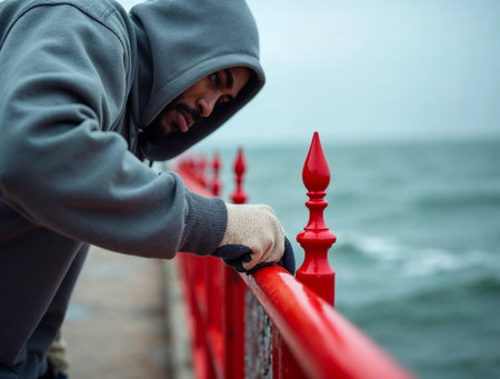 Worker sanding red metal railing by the sea on a cloudy dayの素材