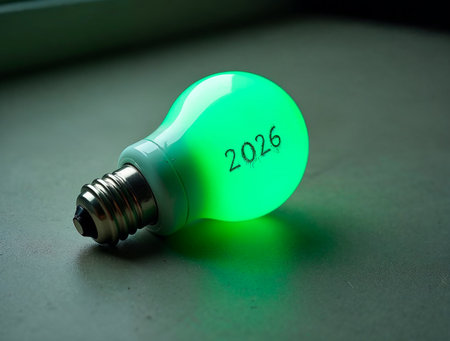 Green light bulb labeled 2026 symbolizing eco ideas, sustainability and future innovationの素材