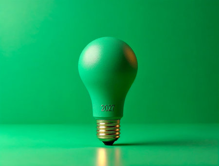 Green light bulb labeled 2026 symbolizing eco ideas, sustainability and future innovationの素材