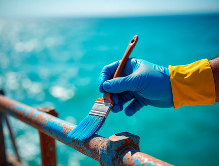 Painting rusty metal railing with blue paint by the seaの素材