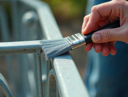 Hand painting a decorative metal fence with gray paint during restoration workの素材
