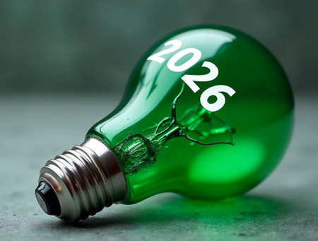 Green light bulb labeled 2026 symbolizing eco ideas, sustainability and future innovationの素材