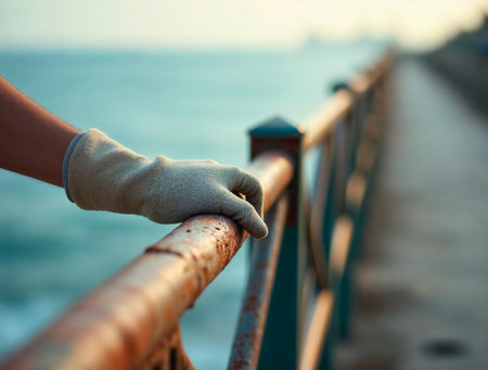 Painting rusty metal railing with blue paint by the seaの素材