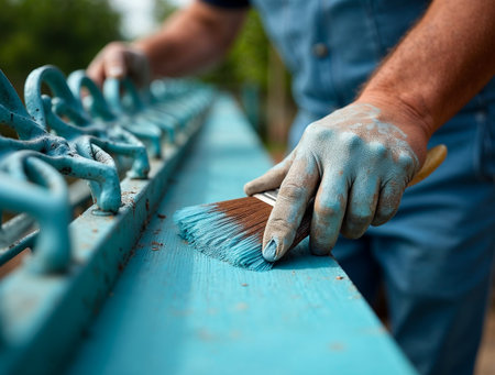 Hand painting a decorative metal fence with blue paint during restoration workの素材