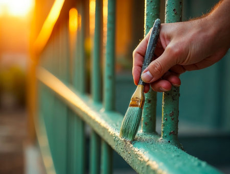 Hand painting green metal railing during outdoor restoration workの素材