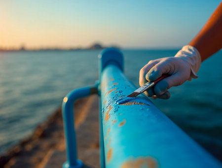 Painting rusty metal railing with blue paint by the seaの素材
